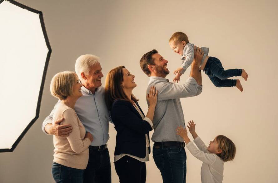 A joyful Ferntree Gully studio photography vibrant family portrait, showing parents laughing as their toddler reaches for a colourful balloon in a professionally lit, modern studio setting, capturing an epic moment of connection.