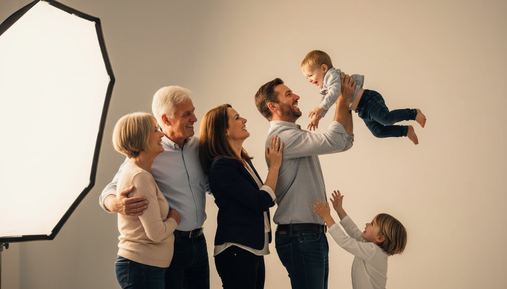 A joyful Ferntree Gully studio photography vibrant family portrait, showing parents laughing as their toddler reaches for a colourful balloon in a professionally lit, modern studio setting, capturing an epic moment of connection.