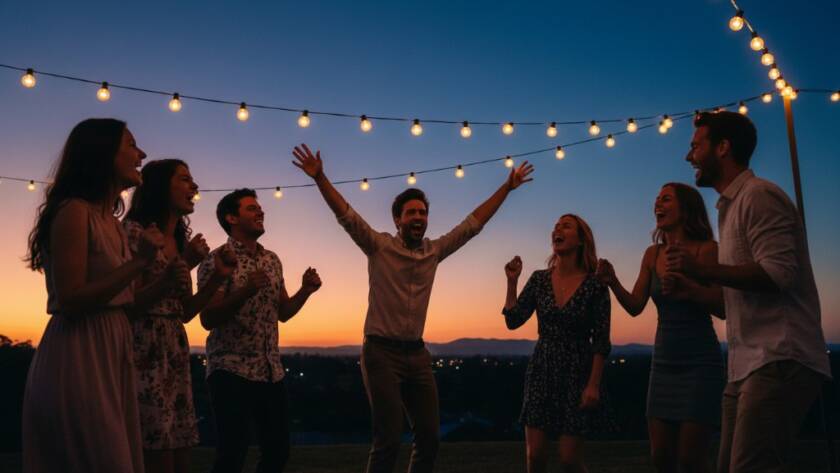 An epic moment of genuine joy captured through Ferntree Gully Victoria party photography, showing guests laughing and dancing under string lights at a twilight outdoor celebration, professionally lit and color graded.