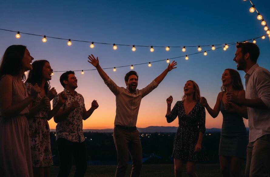 An epic moment of genuine joy captured through Ferntree Gully Victoria party photography, showing guests laughing and dancing under string lights at a twilight outdoor celebration, professionally lit and color graded.
