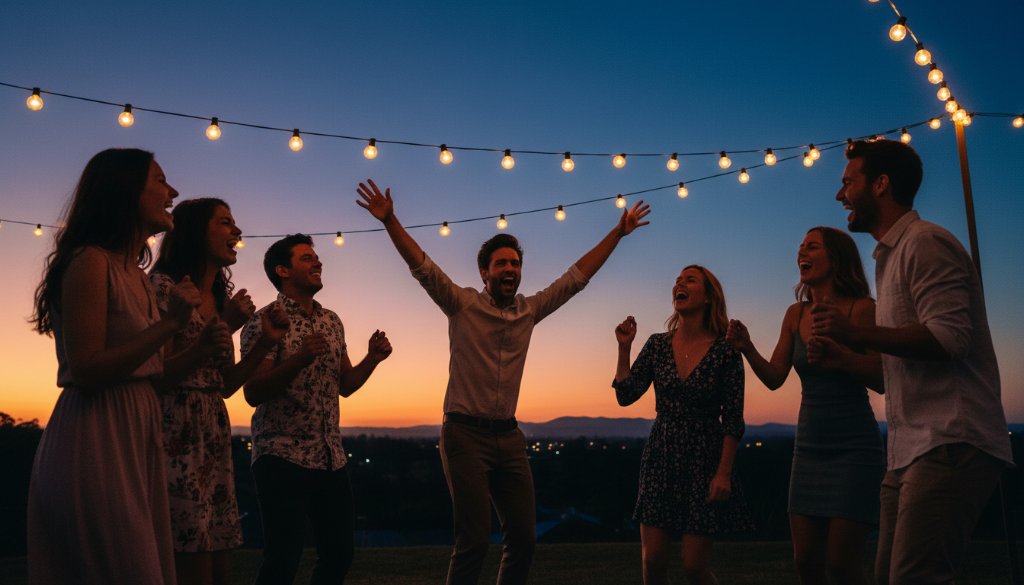 An epic moment of genuine joy captured through Ferntree Gully Victoria party photography, showing guests laughing and dancing under string lights at a twilight outdoor celebration, professionally lit and color graded.