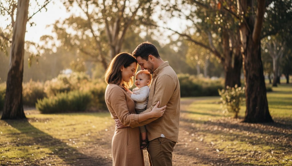 A stunning, dramatically lit fine art photograph capturing an intimate, emotional moment between a couple amidst the natural beauty of Namatjira Park in Clayton South, truly showcasing Fine Art Photography Clayton South Capturing Emotional Depth with professional color grading.