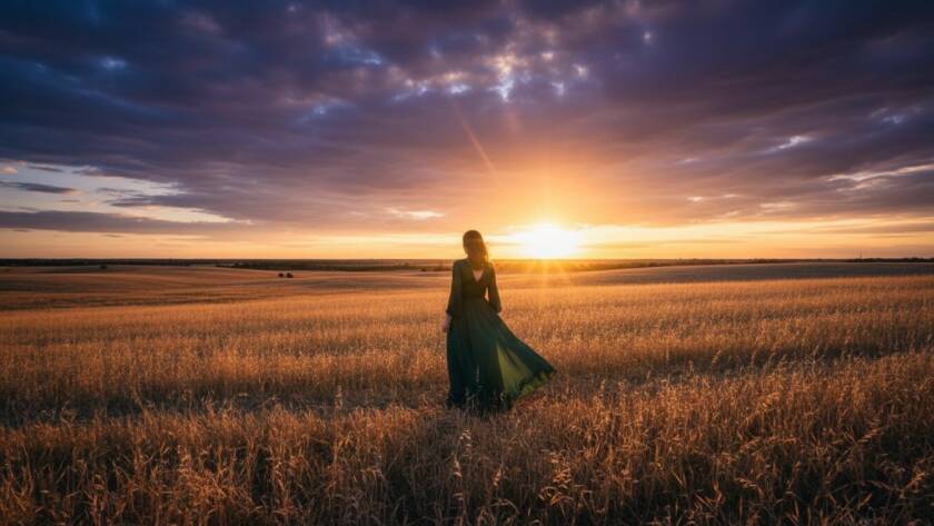 An emotionally charged fine art photograph taken in Clyde, Victoria, depicting a couple embracing under the dramatic evening sky, with the sun setting behind them casting long shadows. The image focuses on their raw emotion and connection, framed by the rustic, open fields characteristic of Clyde, highlighting Fine Art Photography Clyde Victoria Emotional Storytelling.