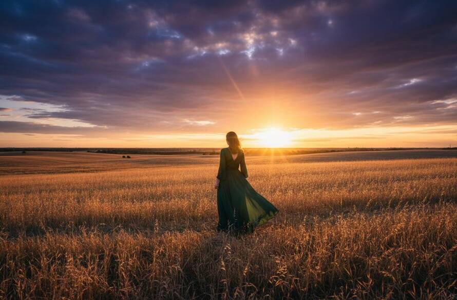 An emotionally charged fine art photograph taken in Clyde, Victoria, depicting a couple embracing under the dramatic evening sky, with the sun setting behind them casting long shadows. The image focuses on their raw emotion and connection, framed by the rustic, open fields characteristic of Clyde, highlighting Fine Art Photography Clyde Victoria Emotional Storytelling.