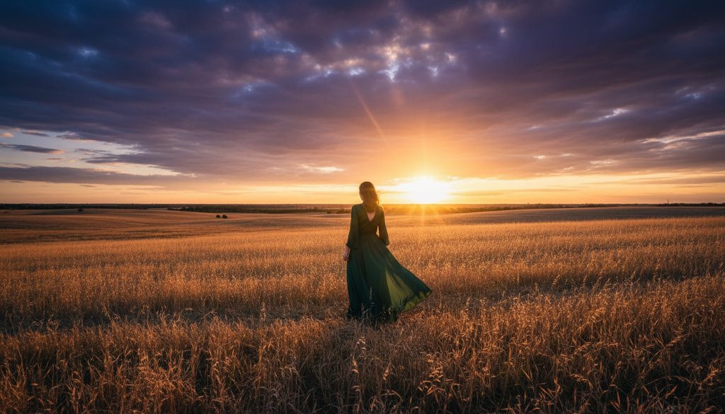 An emotionally charged fine art photograph taken in Clyde, Victoria, depicting a couple embracing under the dramatic evening sky, with the sun setting behind them casting long shadows. The image focuses on their raw emotion and connection, framed by the rustic, open fields characteristic of Clyde, highlighting Fine Art Photography Clyde Victoria Emotional Storytelling.