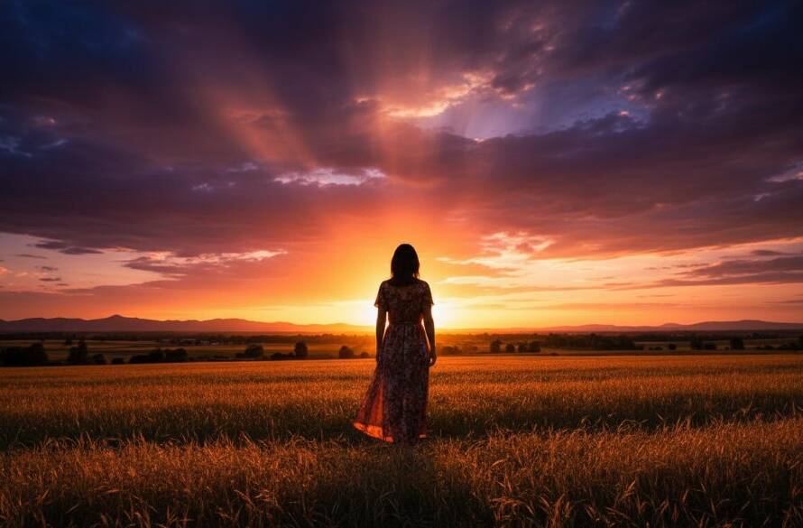 A breathtaking fine art portrait captured in Melton South, Victoria, showcasing a serene woman silhouetted against a dramatic sunset over a local landscape, embodying the essence of Fine Art Photography Melton South Victoria Capturing Soulful Moments. The composition is dynamic, with rich colours and deep shadows.