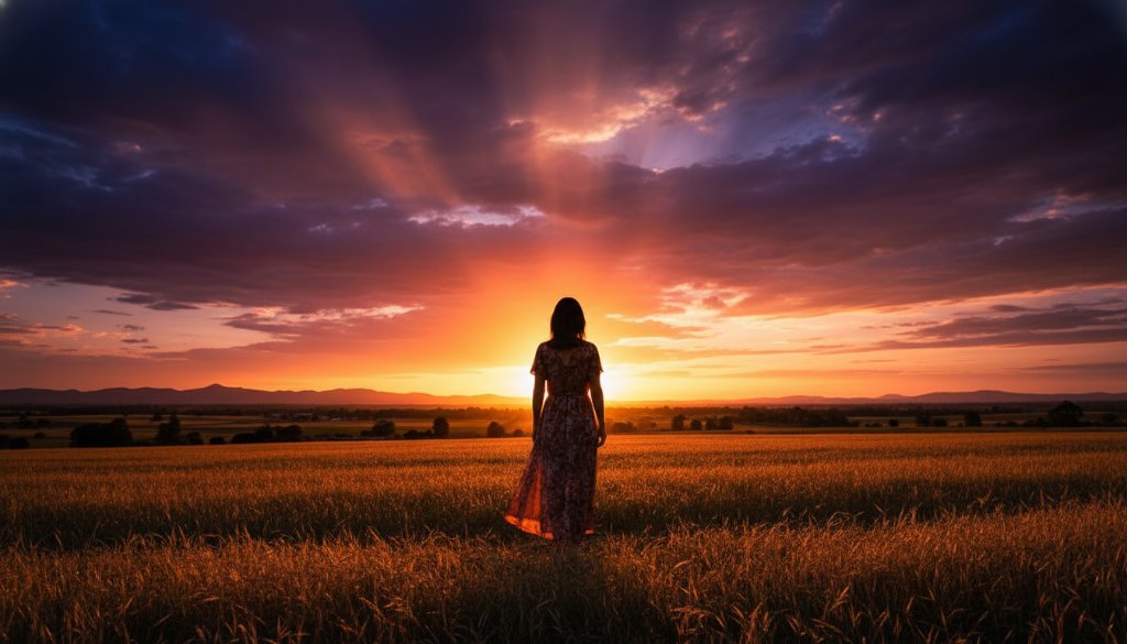 A breathtaking fine art portrait captured in Melton South, Victoria, showcasing a serene woman silhouetted against a dramatic sunset over a local landscape, embodying the essence of Fine Art Photography Melton South Victoria Capturing Soulful Moments. The composition is dynamic, with rich colours and deep shadows.