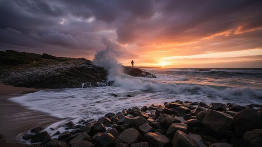 Dramatic long-exposure fine art photography Portland Victoria rugged coastline, featuring waves crashing against basalt columns at sunset, with a lone, silhouetted figure standing on a distant rock, evoking a sense of awe and connection to nature, professionally colour-graded.