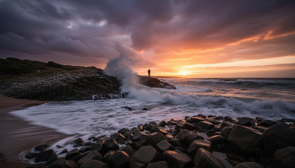 Dramatic long-exposure fine art photography Portland Victoria rugged coastline, featuring waves crashing against basalt columns at sunset, with a lone, silhouetted figure standing on a distant rock, evoking a sense of awe and connection to nature, professionally colour-graded.