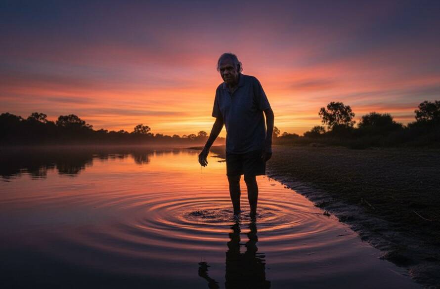 An epic moment captured through fine art photography in Sunshine West Victoria, showing an elderly Aboriginal man's silhouette against a dramatic sunset over Kororoit Creek, with golden light reflecting on the water, evoking wonder and timeless beauty.