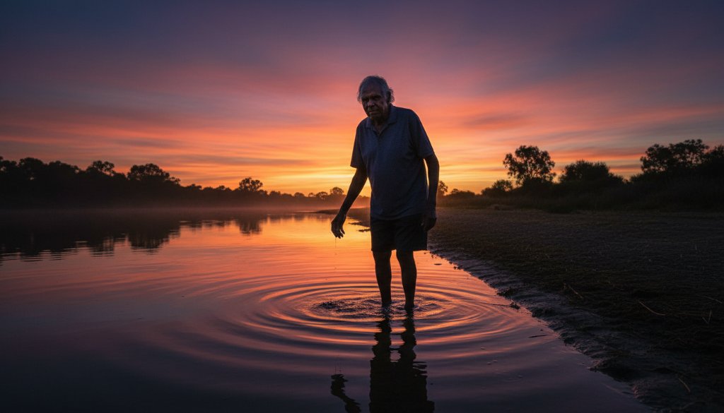 An epic moment captured through fine art photography in Sunshine West Victoria, showing an elderly Aboriginal man's silhouette against a dramatic sunset over Kororoit Creek, with golden light reflecting on the water, evoking wonder and timeless beauty.