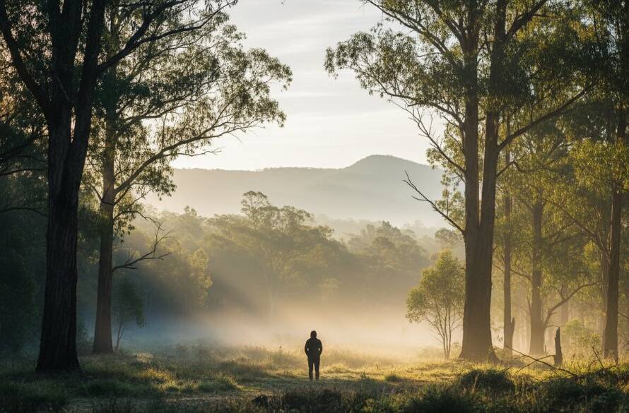An epic moment in Fine Art Photography The Basin Victoria capturing nature's essence, featuring a lone figure silhouetted against a dramatic sunset over Dandenong Ranges foothills, evoking wonder and artistic beauty.