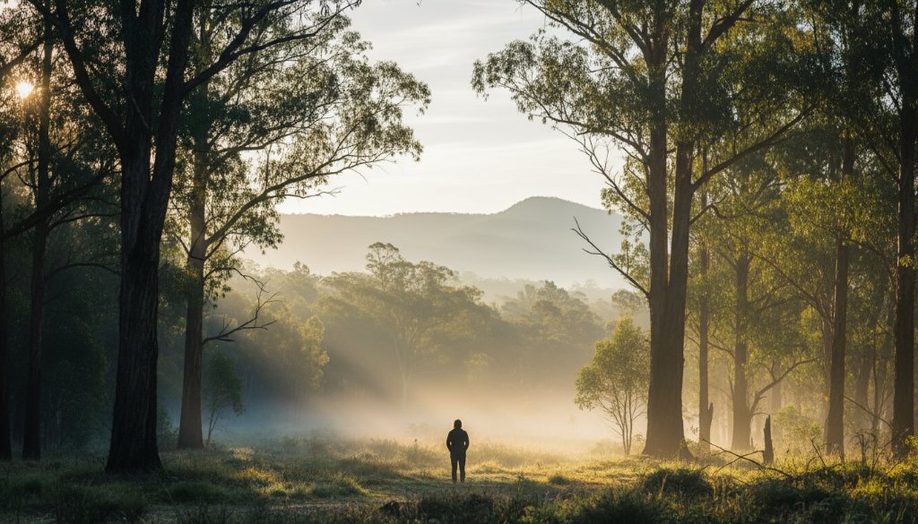 An epic moment in Fine Art Photography The Basin Victoria capturing nature's essence, featuring a lone figure silhouetted against a dramatic sunset over Dandenong Ranges foothills, evoking wonder and artistic beauty.
