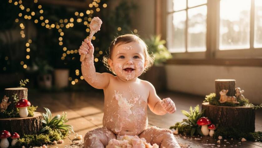 Epic moment captured during a First Birthday Cake Smash Ferntree Gully session, featuring a joyous baby covered in pink icing, laughing amidst a whimsical, pastel-themed setup with golden light streaming in, showcasing pure, unadulterated happiness.