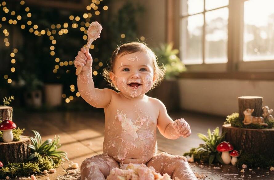 Epic moment captured during a First Birthday Cake Smash Ferntree Gully session, featuring a joyous baby covered in pink icing, laughing amidst a whimsical, pastel-themed setup with golden light streaming in, showcasing pure, unadulterated happiness.