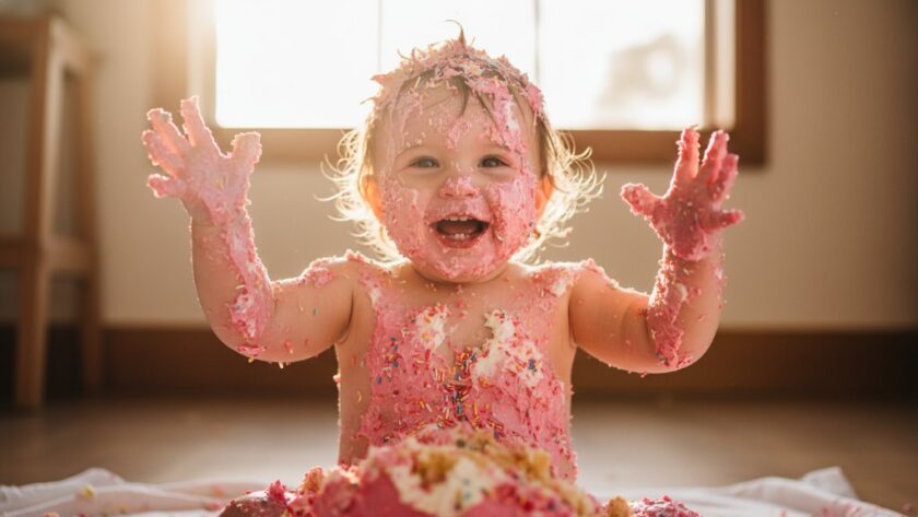 Epic moment capture of a joyful toddler covered in cake during a first birthday cake smash Mooroopna photography session, with dramatic backlighting and soft focus on the child's delighted expression.