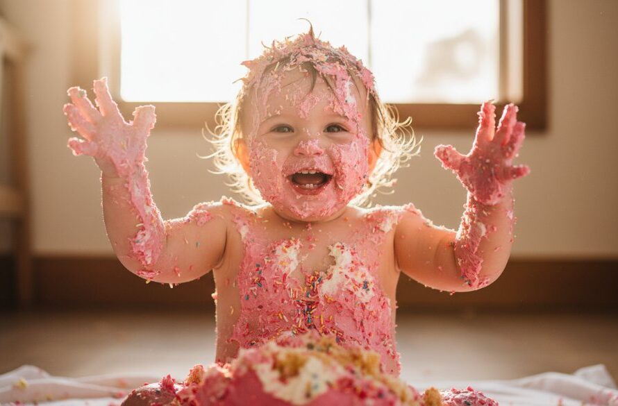 Epic moment capture of a joyful toddler covered in cake during a first birthday cake smash Mooroopna photography session, with dramatic backlighting and soft focus on the child's delighted expression.