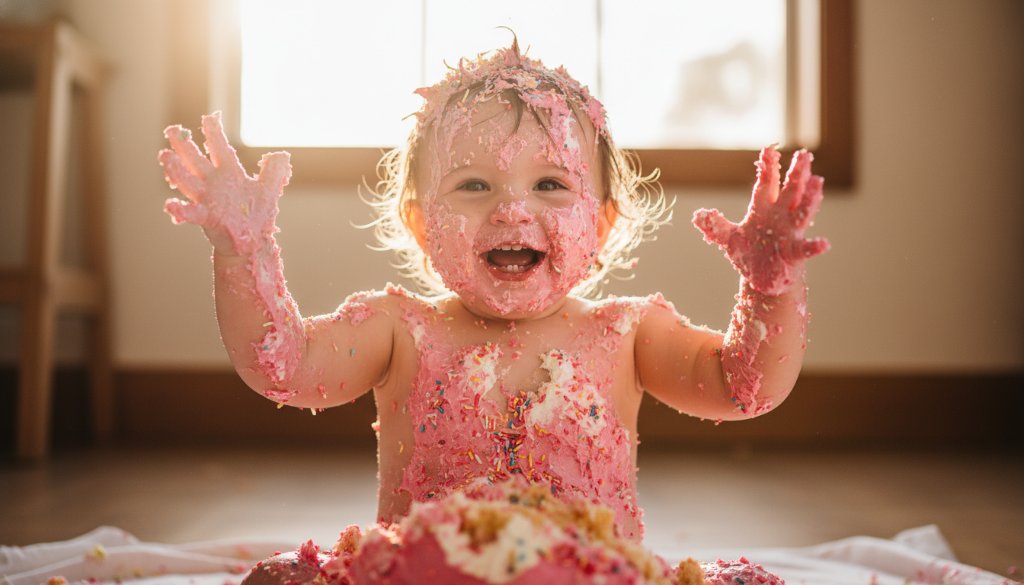 Epic moment capture of a joyful toddler covered in cake during a first birthday cake smash Mooroopna photography session, with dramatic backlighting and soft focus on the child's delighted expression.