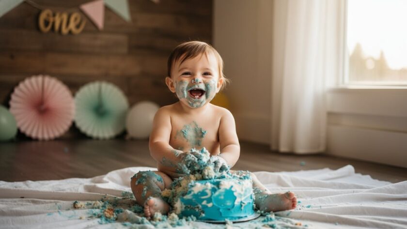A beautiful baby mid-laugh during their first birthday cake smash photography Canadian Victoria session, covered in icing, with golden hour light streaming into a rustic-chic studio setting, capturing an epic moment of pure joy and mess.