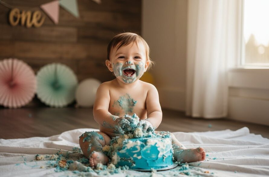 A beautiful baby mid-laugh during their first birthday cake smash photography Canadian Victoria session, covered in icing, with golden hour light streaming into a rustic-chic studio setting, capturing an epic moment of pure joy and mess.
