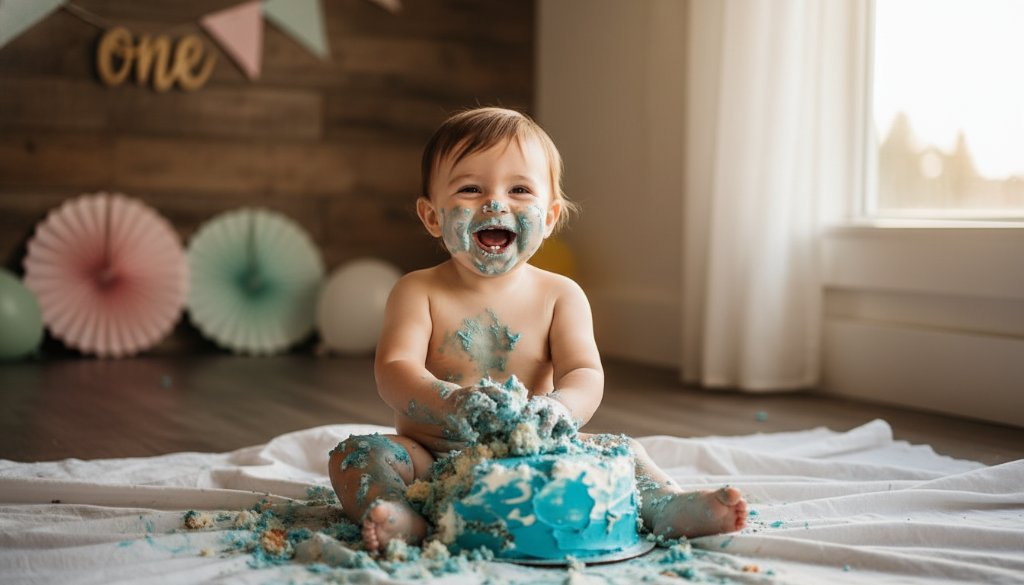 A beautiful baby mid-laugh during their first birthday cake smash photography Canadian Victoria session, covered in icing, with golden hour light streaming into a rustic-chic studio setting, capturing an epic moment of pure joy and mess.