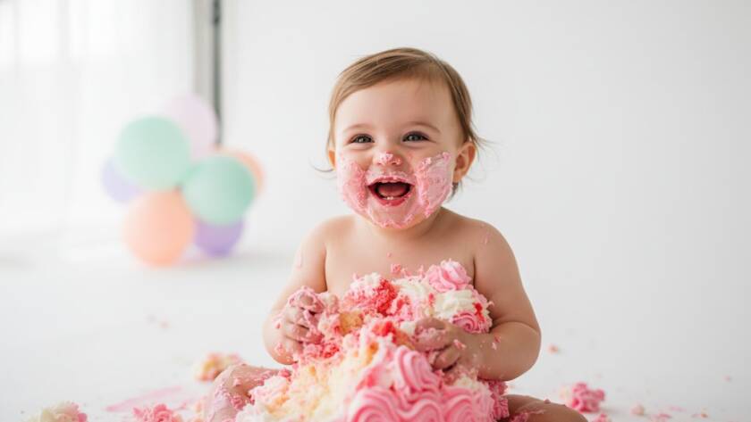 Close-up, high-angle shot of a delighted baby girl with frosting all over her face, mid-laugh, surrounded by pastel balloons and a colourful cake, capturing an epic first birthday cake smash photography Mont Albert North moment in soft, ethereal natural light.