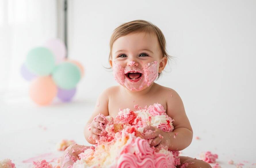 Close-up, high-angle shot of a delighted baby girl with frosting all over her face, mid-laugh, surrounded by pastel balloons and a colourful cake, capturing an epic first birthday cake smash photography Mont Albert North moment in soft, ethereal natural light.