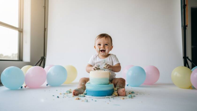 A wide-angle, joy-filled, cinematic photograph capturing a baby deeply immersed in their first birthday cake smash photography in Narre Warren South, surrounded by vibrant balloons and soft natural light streaming through a window, icing smeared on their face and hands, pure delight on their expression.