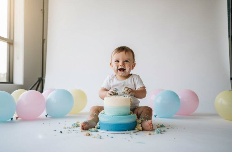 A wide-angle, joy-filled, cinematic photograph capturing a baby deeply immersed in their first birthday cake smash photography in Narre Warren South, surrounded by vibrant balloons and soft natural light streaming through a window, icing smeared on their face and hands, pure delight on their expression.