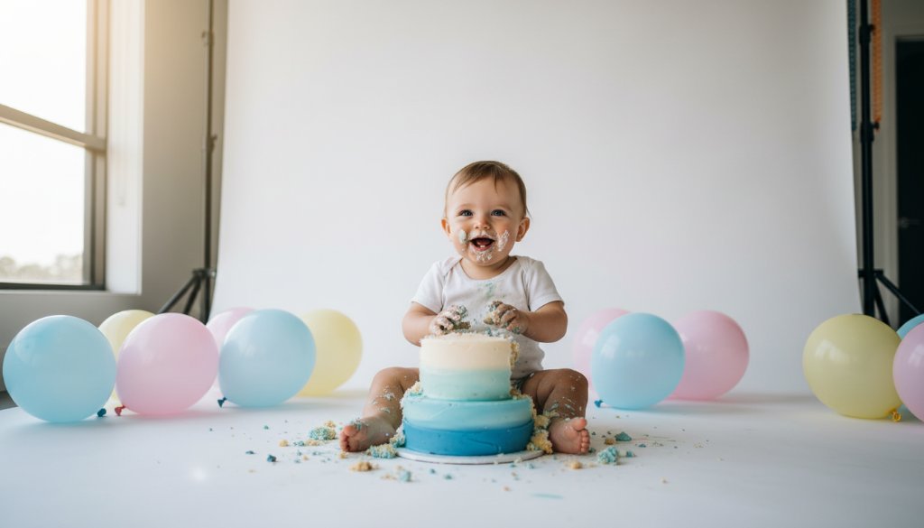 A wide-angle, joy-filled, cinematic photograph capturing a baby deeply immersed in their first birthday cake smash photography in Narre Warren South, surrounded by vibrant balloons and soft natural light streaming through a window, icing smeared on their face and hands, pure delight on their expression.