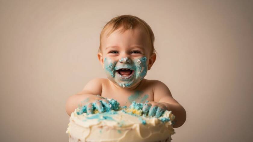 An adorable one-year-old child, mid-giggle, completely covered in vibrant pink cake and frosting during a messy first birthday cake smash photography session in a beautifully lit Ringwood East studio, capturing an epic moment of pure joy and chaos.