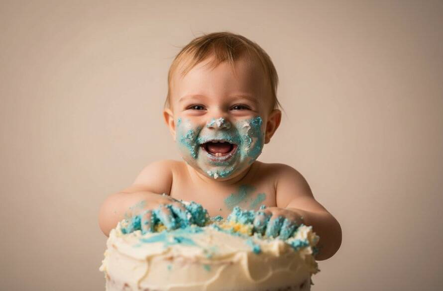 An adorable one-year-old child, mid-giggle, completely covered in vibrant pink cake and frosting during a messy first birthday cake smash photography session in a beautifully lit Ringwood East studio, capturing an epic moment of pure joy and chaos.