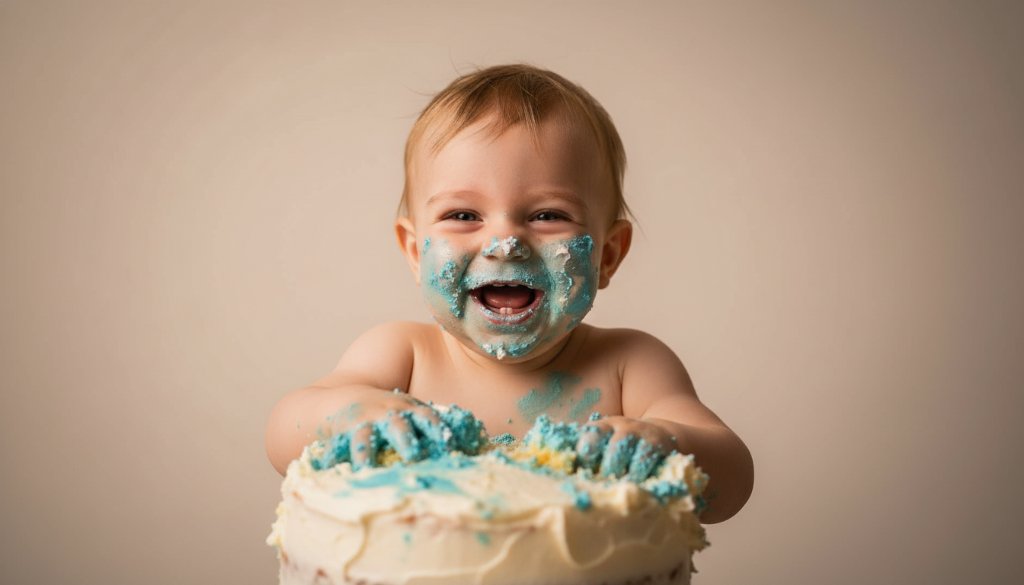 An adorable one-year-old child, mid-giggle, completely covered in vibrant pink cake and frosting during a messy first birthday cake smash photography session in a beautifully lit Ringwood East studio, capturing an epic moment of pure joy and chaos.