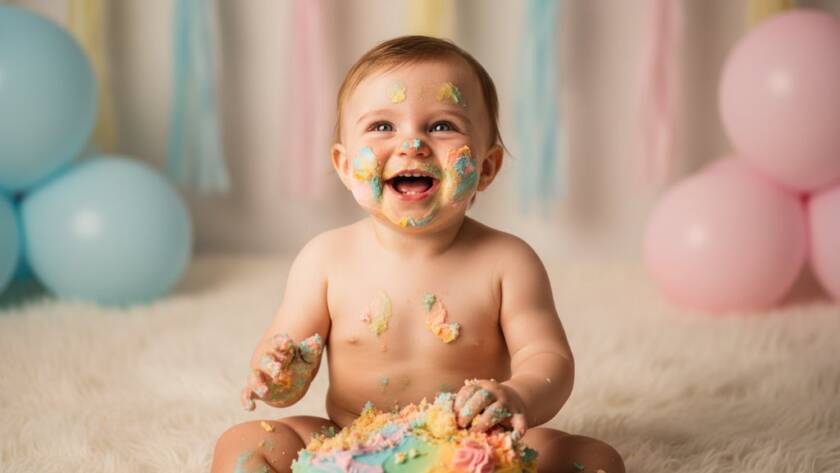 A joyful first birthday cake smash photography Ringwood North scene with a delighted baby covered in blue icing, laughing amidst a whimsical, pastel-themed backdrop, captured in an epic, professionally lit moment.