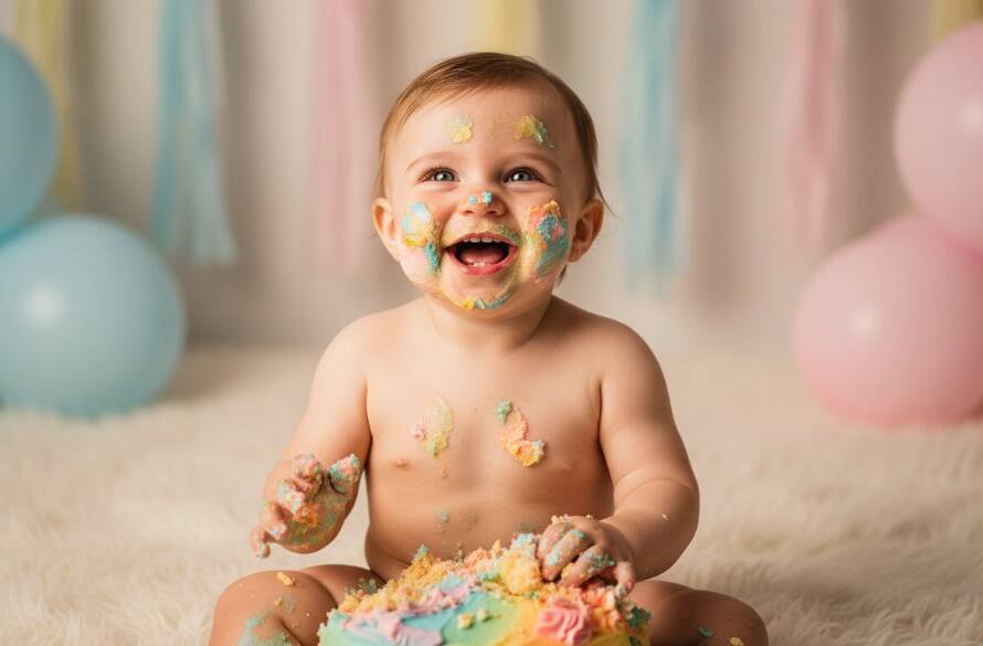 A joyful first birthday cake smash photography Ringwood North scene with a delighted baby covered in blue icing, laughing amidst a whimsical, pastel-themed backdrop, captured in an epic, professionally lit moment.
