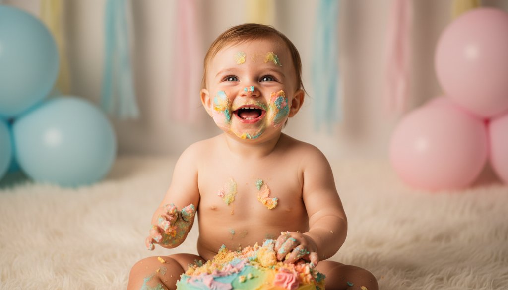 A joyful first birthday cake smash photography Ringwood North scene with a delighted baby covered in blue icing, laughing amidst a whimsical, pastel-themed backdrop, captured in an epic, professionally lit moment.
