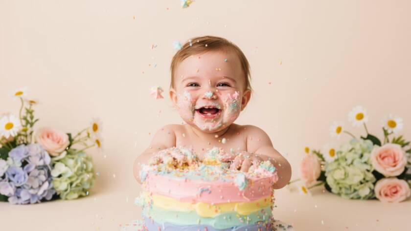 An adorable baby, covered in frosting and laughing heartily, smashing a colourful cake during a first birthday cake smash Springvale South photographer session, captured with dramatic lighting and professional colour grading.