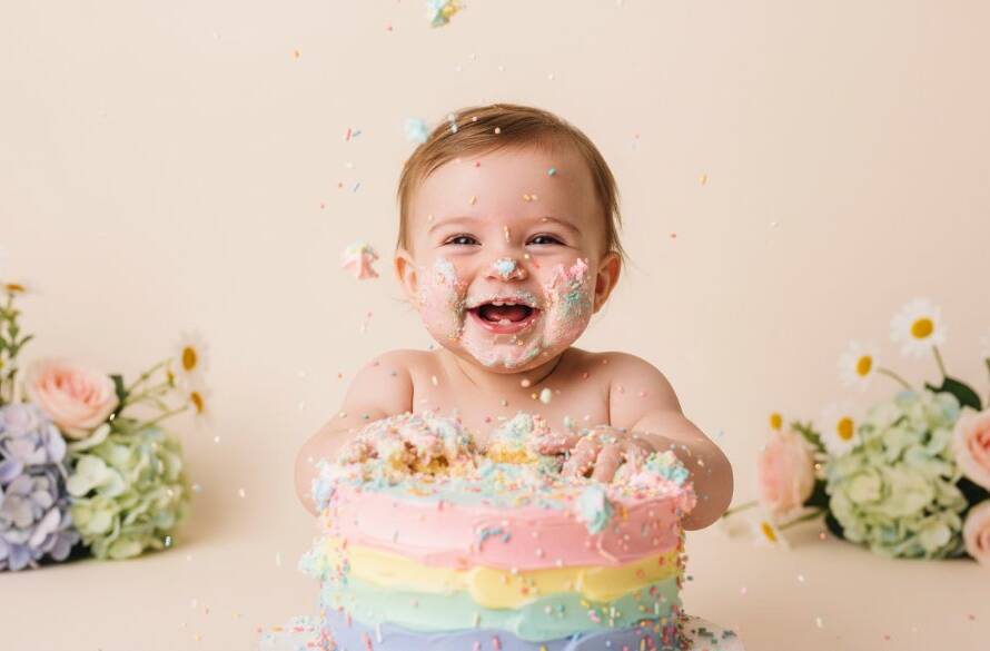 An adorable baby, covered in frosting and laughing heartily, smashing a colourful cake during a first birthday cake smash Springvale South photographer session, captured with dramatic lighting and professional colour grading.