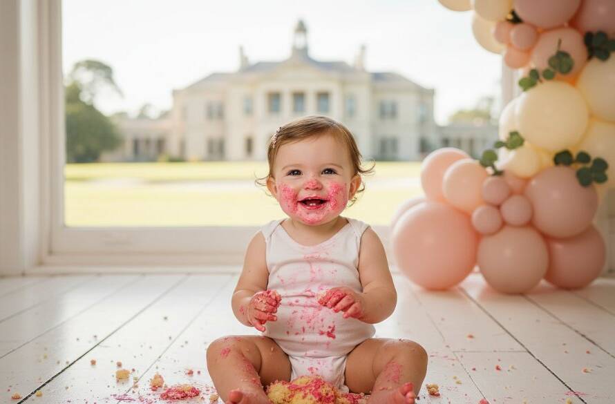 A heartwarming and dramatically lit close-up of a joyful baby during their first birthday cake smash Werribee photoshoot, covered in cake with a wide, happy grin, set against a softly blurred, rustic Werribee Park backdrop, captured with professional, cinematic colour grading.