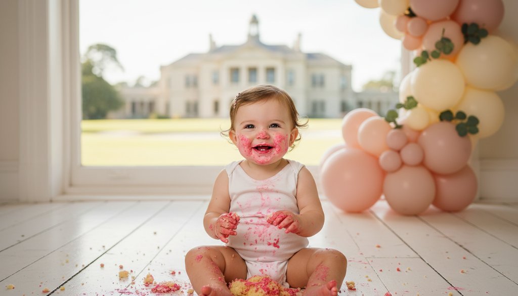 A heartwarming and dramatically lit close-up of a joyful baby during their first birthday cake smash Werribee photoshoot, covered in cake with a wide, happy grin, set against a softly blurred, rustic Werribee Park backdrop, captured with professional, cinematic colour grading.