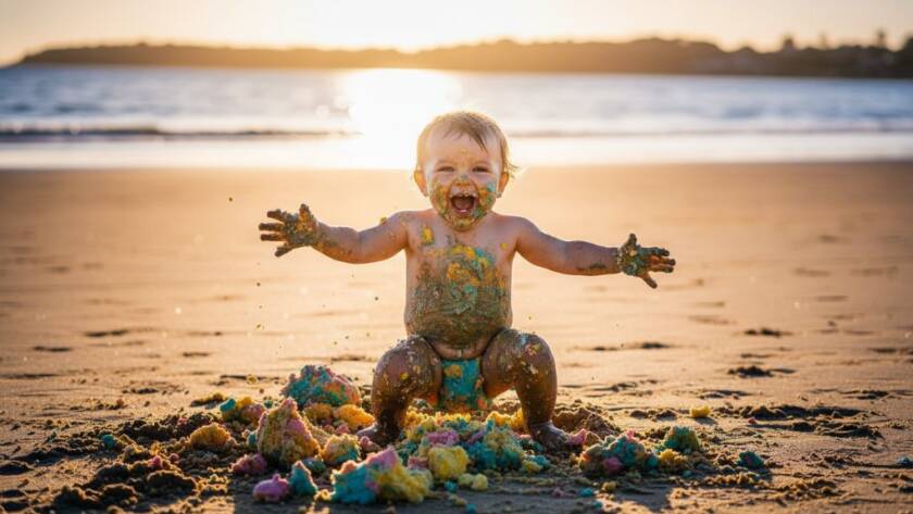 An emotionally vibrant, close-up photograph of a toddler on Werribee South beach, covered in cake frosting, laughing joyously during their first birthday cake smash Werribee South beach photography session, with dramatic golden hour lighting from behind.