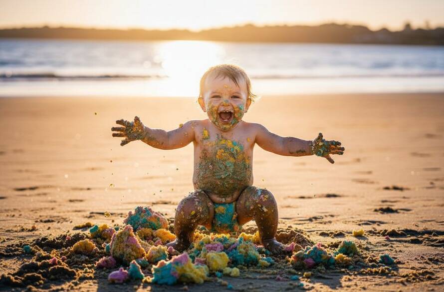 An emotionally vibrant, close-up photograph of a toddler on Werribee South beach, covered in cake frosting, laughing joyously during their first birthday cake smash Werribee South beach photography session, with dramatic golden hour lighting from behind.