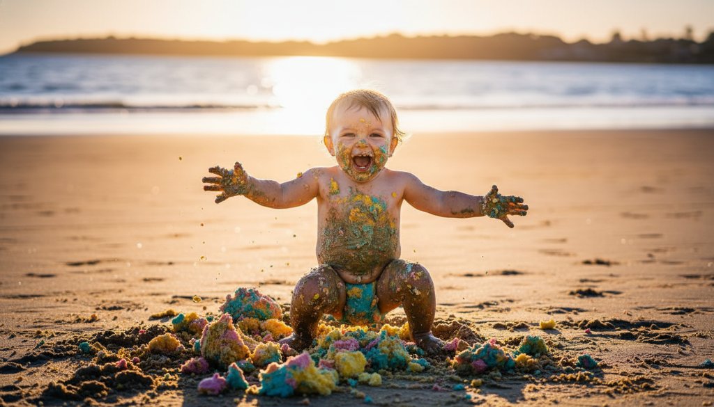 An emotionally vibrant, close-up photograph of a toddler on Werribee South beach, covered in cake frosting, laughing joyously during their first birthday cake smash Werribee South beach photography session, with dramatic golden hour lighting from behind.