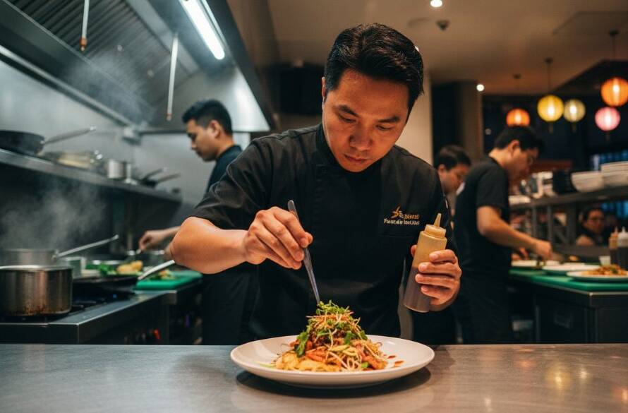 Dynamic wide shot capturing the essence of Footscray's diverse culinary photography Melbourne storytelling, showing a chef meticulously plating an exquisite, colourful dish in a bustling, warmly lit Footscray restaurant kitchen, steam gently rising, with patrons subtly visible in the background enjoying the vibrant atmosphere. The focus is on the intricate details of the food and the professional, high-energy environment.
