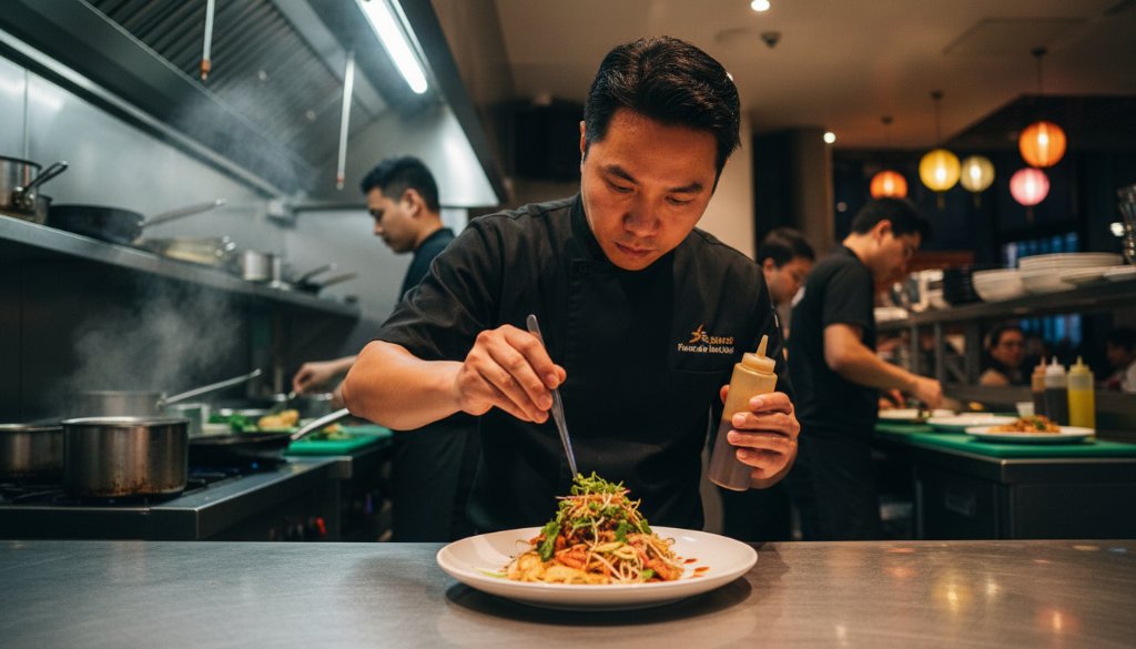 Dynamic wide shot capturing the essence of Footscray's diverse culinary photography Melbourne storytelling, showing a chef meticulously plating an exquisite, colourful dish in a bustling, warmly lit Footscray restaurant kitchen, steam gently rising, with patrons subtly visible in the background enjoying the vibrant atmosphere. The focus is on the intricate details of the food and the professional, high-energy environment.