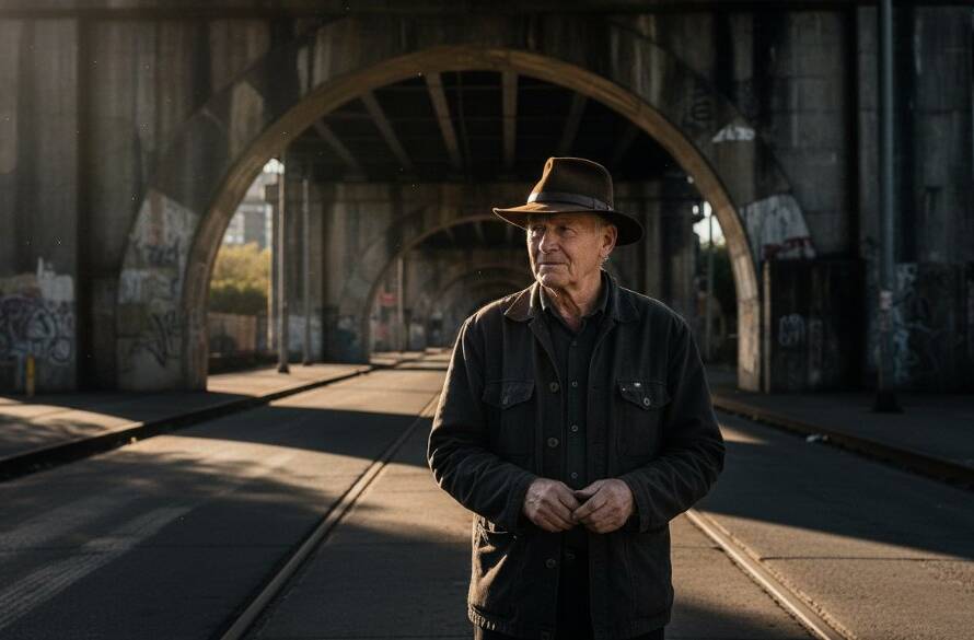 Dramatic black and white epic moment photograph showcasing Footscray fine art photography, capturing the raw, industrial beauty and urban soul of the suburb with striking light and shadow on a busy street.
