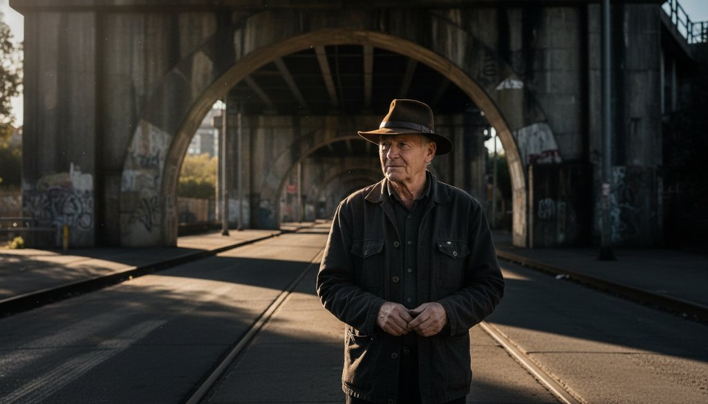 Dramatic black and white epic moment photograph showcasing Footscray fine art photography, capturing the raw, industrial beauty and urban soul of the suburb with striking light and shadow on a busy street.