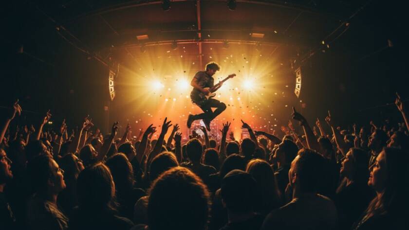 An electrifying wide-angle shot capturing the Footscray live music photography dynamic moments, with a lead guitarist in mid-solo bathed in dramatic stage lights, surrounded by an energetic crowd at a vibrant Footscray venue.