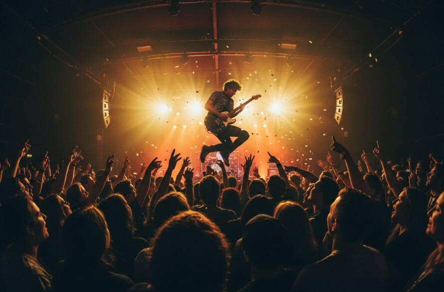 An electrifying wide-angle shot capturing the Footscray live music photography dynamic moments, with a lead guitarist in mid-solo bathed in dramatic stage lights, surrounded by an energetic crowd at a vibrant Footscray venue.