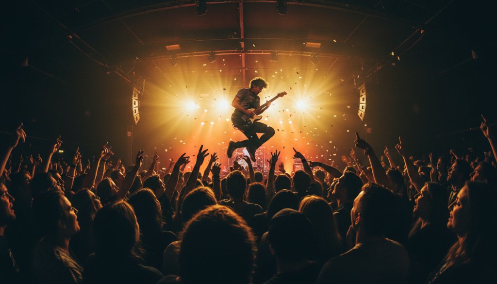 An electrifying wide-angle shot capturing the Footscray live music photography dynamic moments, with a lead guitarist in mid-solo bathed in dramatic stage lights, surrounded by an energetic crowd at a vibrant Footscray venue.